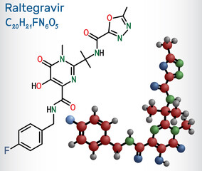 Raltegravir, RAL molecule. It is antiretroviral medication, used to treat HIV, AIDS. Structural chemical formula and molecule model. Vector illustration