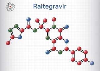 Raltegravir, RAL molecule. It is antiretroviral medication, used to treat HIV, AIDS. Structural chemical formula and molecule model. Sheet of paper in a cage.