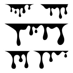 Black melting paint liquid vector elements isolated on white background. Border drips Ink set.