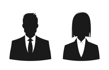 Businessman and businesswoman vector icons. Male and female black silhouettes for profile picture.