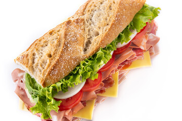 Submarine sandwich with ham, cheese, lettuce, tomatoes,onion, mortadella and sausage isolated on white background