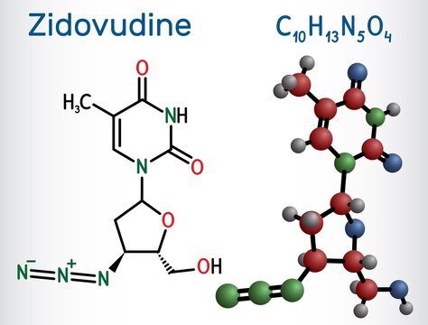 Zidovudine, ZDV, azidothymidine, AZT molecule. It is synthetic dideoxynucleoside, used in the treatment of HIV and AIDS. Structural chemical formula, molecule model. Vector illustration