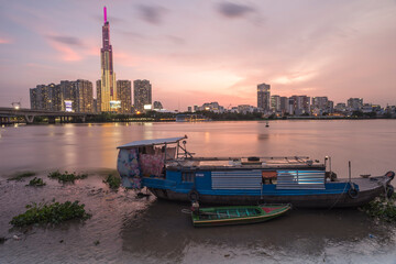 Fototapeta premium Landscape photo: Landmark 81 tower. This is a modern architecture, a symbol of economic development.Time: May, 2022. Location: Ho Chi Minh City. 
