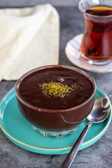 Chocolate and cream pudding. Supangle. Pastry product. Pudding on dark background. close up