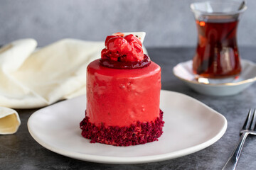 Raspberry cake. Pastry product. Raspberry cake on dark background. Close-up