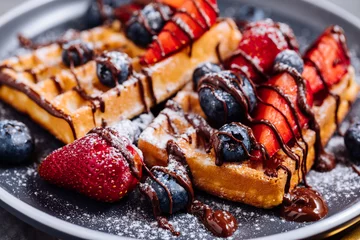 Poster Belgian waffle with chocolate, strawberry, blueberries and powdered sugar on dark plate © Haris
