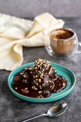 Profiterole cake. Pastry product. Profiterole cake on dark background. Close-up