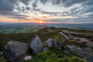 Panoramic view from The Roaches at sunset in the Peak District National Park.