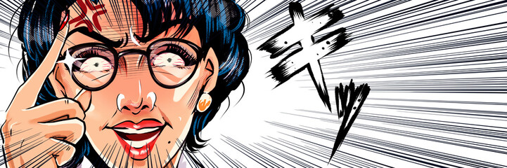 突然ブチギレるメガネをかけたモンスターペアレント教育ママのアメコミ風カラーイラストと白背景