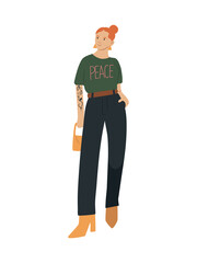 Hand drawn woman or teen girl in casual hipster clothes standing tall, isolated vector illustration in flat style