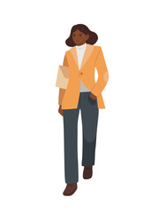 Hand drawn black businesswoman walking with envelope in smart casual clothes, isolated vector illustration in flat style