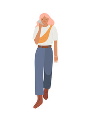 Hand drawn woman or teen girl in casual oversize clothes walking and talking on the phone, isolated vector illustration in flat style