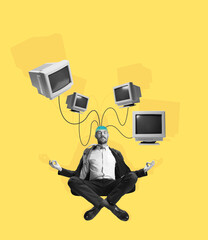 Fototapeta Contemporary art collage. Man, businessman's brain charge by means of energy of retro computers on yellow background. Concept of technology, ai obraz