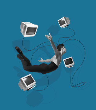 Contemporary art collage and modern design. Young man flying among vintage retro computers on blue background. Concept of idea, ai, inspiration, creativity and art.