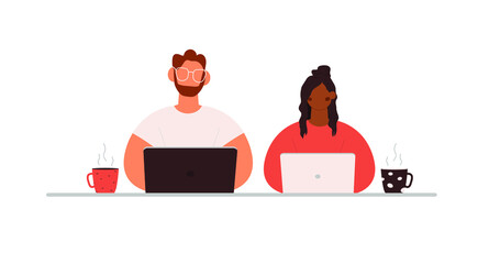 Man and woman working together. Remote work, couple working together. Vector illustration