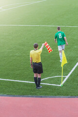 Referee from the sidelines of a soccer game.