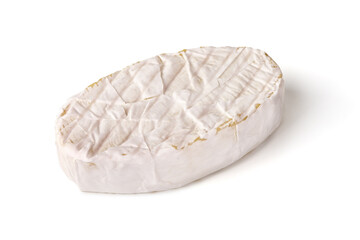 Camembert cheese, a kind of rich, soft, creamy cheese with a whitish rind, originally made near Camembert in Normandy, isolated on white background
