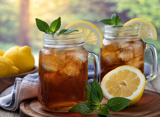 Glass of ice tea with lemon and mint