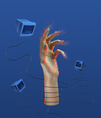 Human hand and flying retro computers isolated on blue background. Contemporary art collage and...