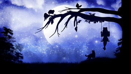 Night backdrop with a silhouette dog and girl on a swing. A magical landscape with a big tree and a starry sky, a fabulous walk under the large moon against the background of dark bushes and grass.