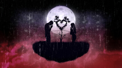 Silhouettes of two people, a girl and man tied with a thin thread to a flowering tree in the shape of a heart, kneeling on a small soaring island, against a dark background with a big moon in the rain