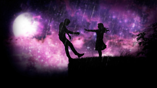 Romantic sorrowful illustration, silhouettes of a girl with an outstretched hand standing against a purple cosmic sky in the rain and a guy falling from a cliff, a sad love story.