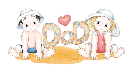 Cute little cartoon kids in bathing suits sit on the beach. There are word dad and heart near to them. Digital illustration in the style of watercolor. Sublimation for Father's Day