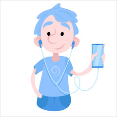 A boy with blue hair holds a phone in his hands and listens to music