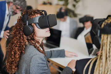 Business people using 3d virtual reality goggles inside bank office meeting room - Concept of metaverse and augmented technology