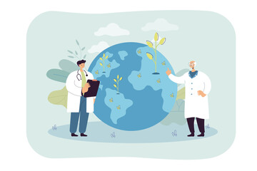 Tiny scientists and earth with growing plants. Green sprouts on planet flat vector illustration. Ecology, environment, nature, science concept for banner, website design or landing web page