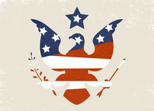 An eagle symbol and American flag design in a cut paper style with textures
