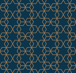 Art deco line art. Hexagon grid pattern in gold and blue color. Decorative seamless background.