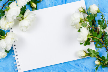 A blank page of a sketchbook for writing or drawing and white bush roses on a blue textured background. Space for the text. The concept of celebration and art.