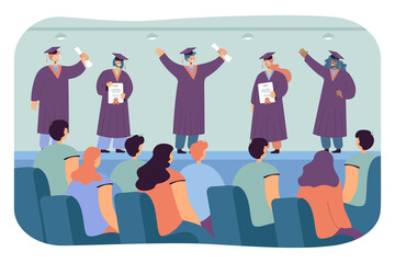 Students with diplomas at graduation ceremony. Young people with graduation hats and certificates flat vector illustration. Graduation, education concept for banner, website design or landing web page