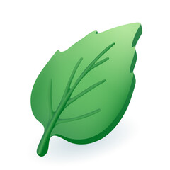 3d cartoon style green leaf icon on white background. Realistic foliage flat vector illustration. Nature, ecology, eco, health, growth, biology, environment concept