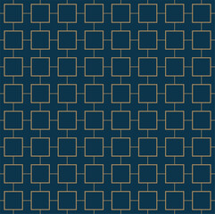 Art deco line art. Square grid pattern in gold and blue color. Decorative seamless background.