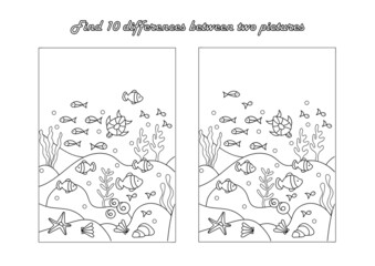 Find 10 differences. Educational game for children. Coloring book page. Underwater sea world. Cartoon vector illustration