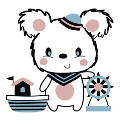 Sailor puppy with his little boat and helm