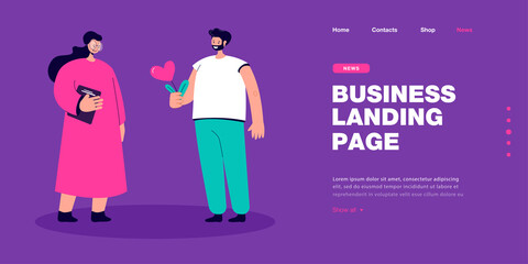 Cartoon man giving heart to female teacher or professor. Romantic character asking woman on date flat vector illustration. Romance, relationship concept for banner, website design or landing web page