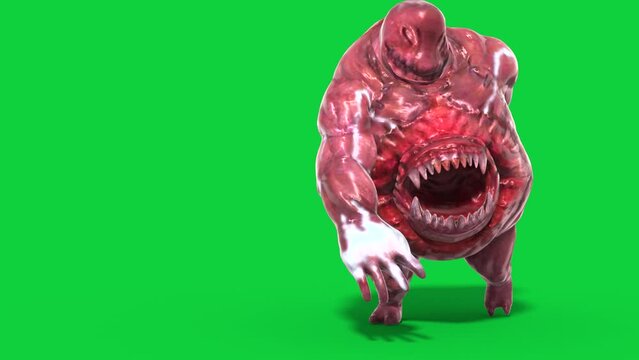 Monster Belly Mouth Green Screen Walks Front 3D Rendering Animation