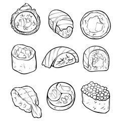 Set of sushi and rolls, hand drawn vector monochrome