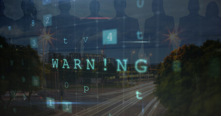 Image of cyber attack warning and people silhouettes over cityscape