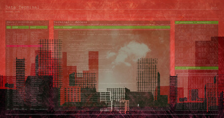 Image of data processing over cityscape on red background
