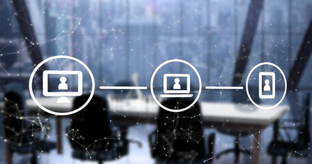 Image of icons with network of connections and data processing over empty office