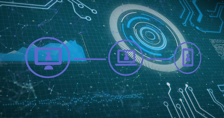 Image of icons with network of connections and scope scanning, data processing