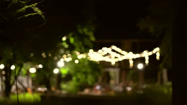 Evening dinning party in the park light yard hanging in garden at night blur shot 4k