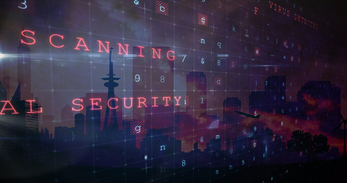 Image of cyber attack warning over cityscape on red background