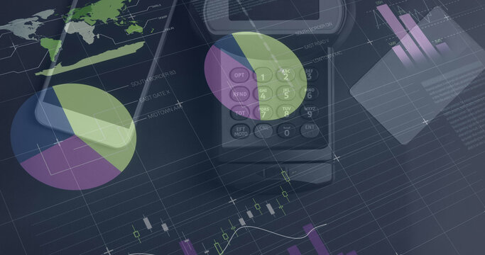 Image of graphs and financial data over payment terminal and smartphone