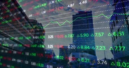 Image of financial data and graphs over cityscape