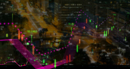 Image of financial data and graphs over cityscape